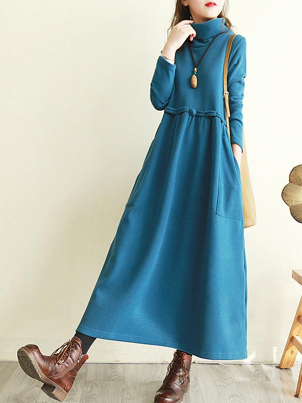 Meselling99 Vintage Solid Color Split-Joint Loose High-Neck Midi Dress-Midi Dress-Free Shipping at meselling99