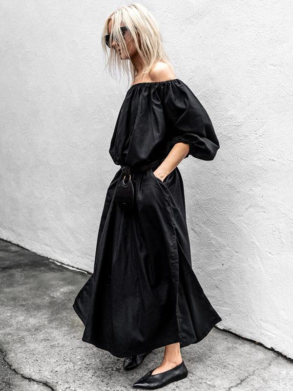 Meselling99 Simple Black Off-Shoulder Split-Side Long Dress-Maxi Dress-Free Shipping at meselling99