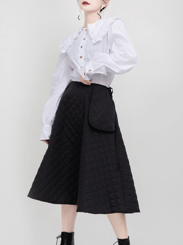 Black Vintage Rhombic Bandage Split-Joint Large Pocket A-Line Skirt