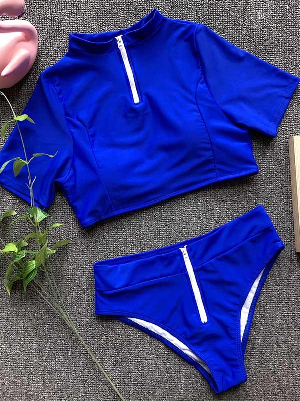 Meselling99 Plain Short Sleeve Tankini Swimsuit-Tankinis Swimwear-ROYAL BLUE-S-Free Shipping at meselling99