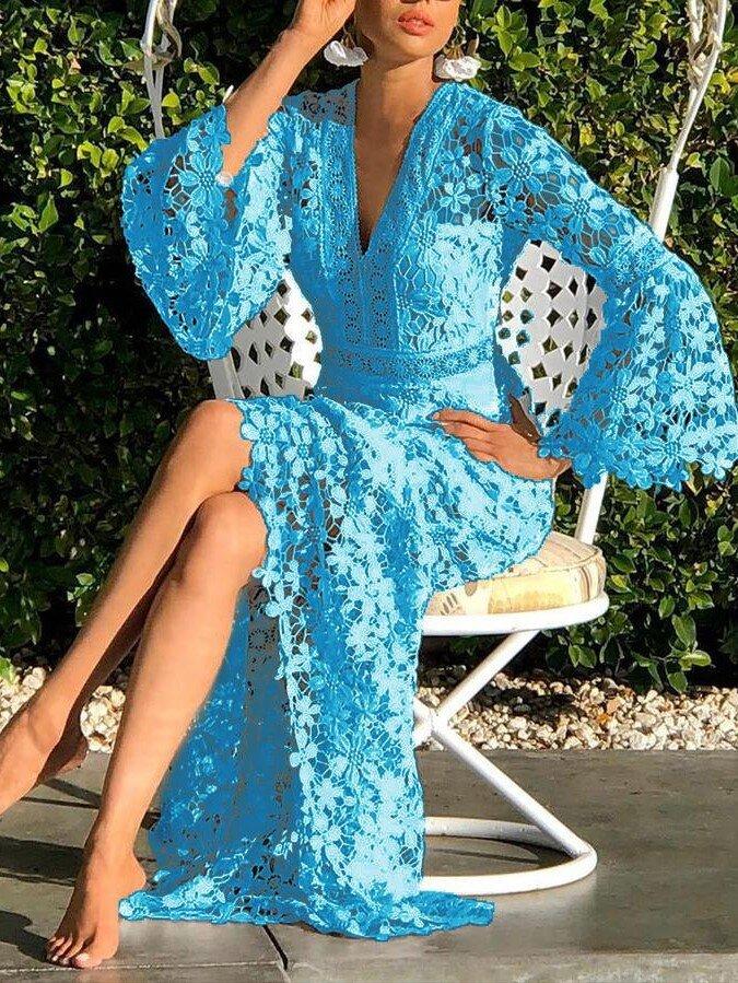 Sexy Lace Split-Joint Slim Hollow Out Long/Maxi Dress-Maxi Dresses-BLUE-S-Free Shipping at meselling99