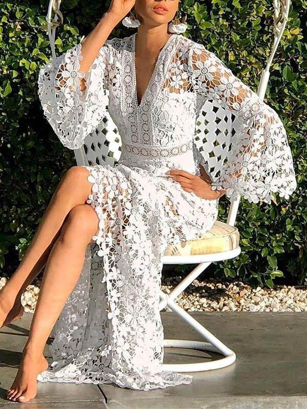 Sexy Lace Split-Joint Slim Hollow Out Long/Maxi Dress-Maxi Dresses-WHITE-S-Free Shipping at meselling99
