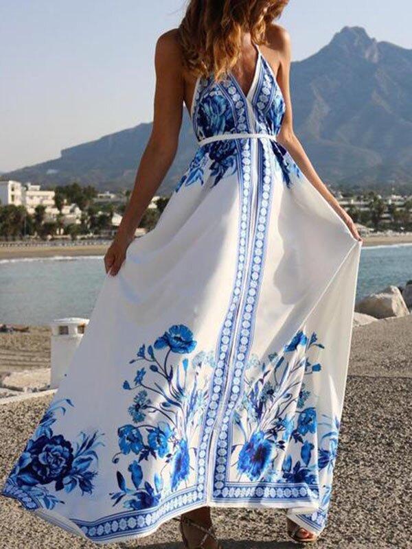 Blue Ethnic Printed Backless Condole Belt Maxi Dresses-Maxi Dresses-Free Shipping at meselling99