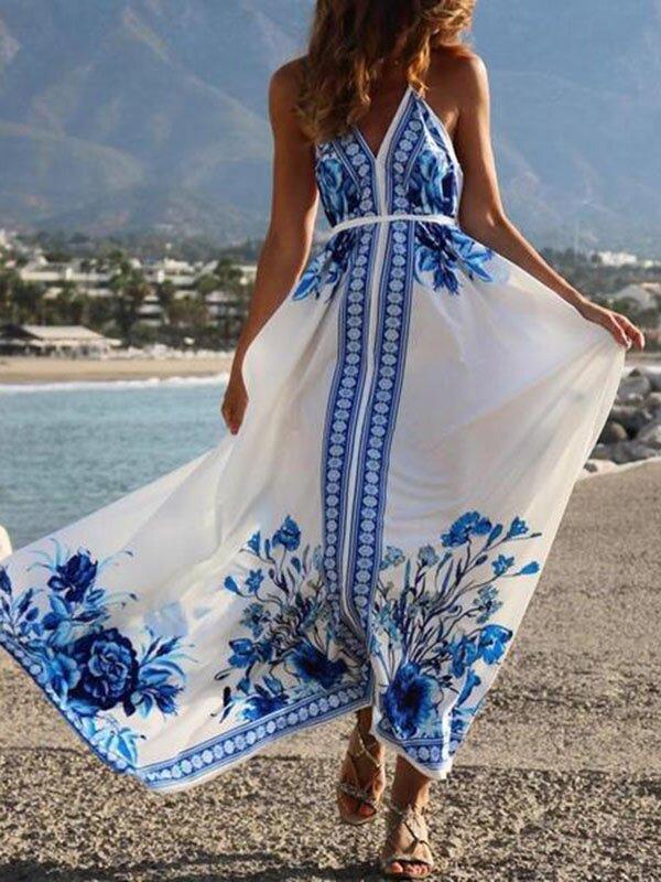 Blue Ethnic Printed Backless Condole Belt Maxi Dresses-Maxi Dresses-Free Shipping at meselling99
