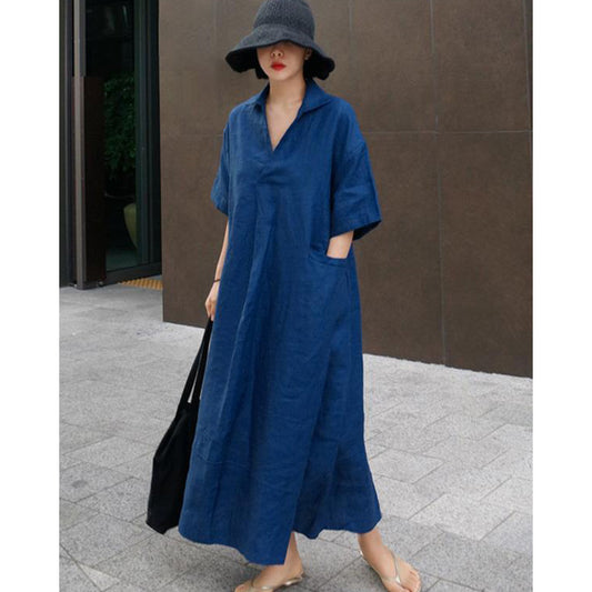 Casual Cozy V-Neck Cotton Split-Side Short Sleeves Long Dress-Maxi Dresses-Free Shipping at meselling99