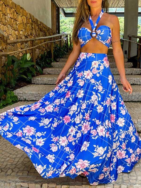 Floral Printed Halterneck Two-Piece Suit-Maxi Dresses-Free Shipping at meselling99