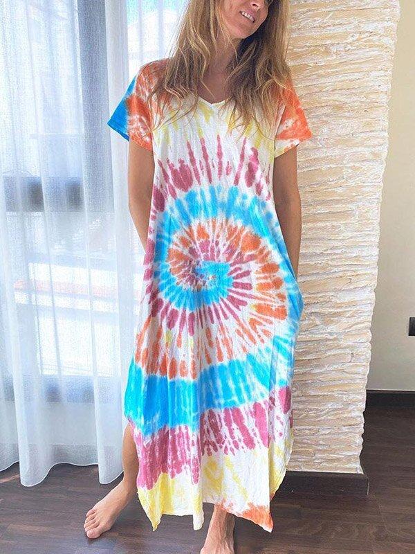 Tie-Dyed Gradient Short Sleeve Loose Bohemia Midi Dress-BLUE-S-Free Shipping at meselling99