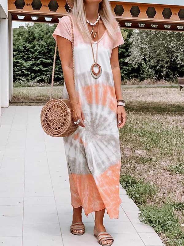 Tie-Dyed Gradient Short Sleeve Loose Bohemia Midi Dress--Free Shipping at meselling99