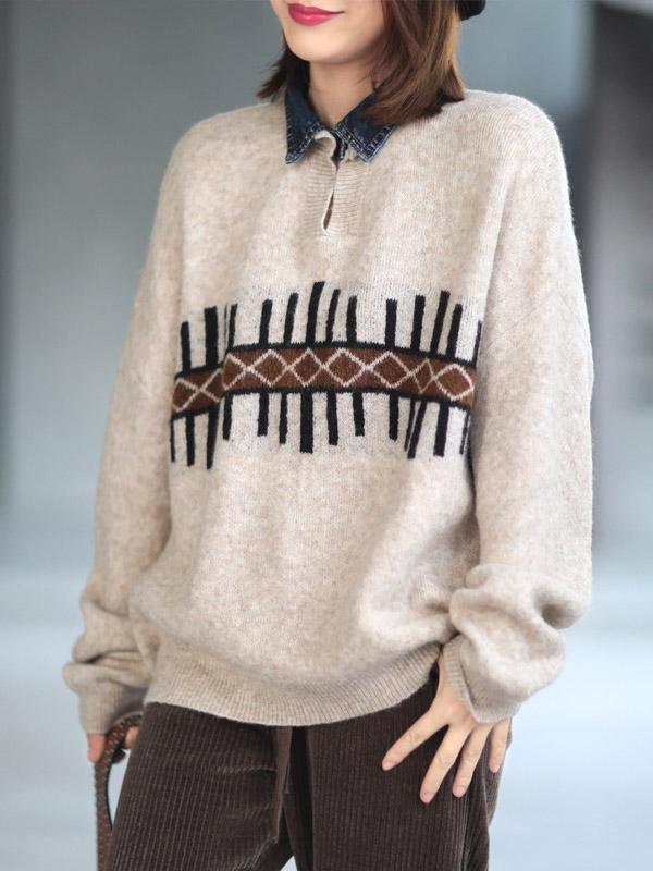 Stylish Split-Joint Lapel Knitting Sweater-Sweaters-BEIGE-FREE SIZE-Free Shipping at meselling99