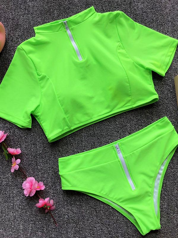 Meselling99 Plain Short Sleeve Tankini Swimsuit-Tankinis Swimwear-FLUORESCENT GREEN-S-Free Shipping at meselling99