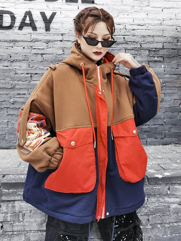 Contrast Color Split-Joint Printed Drawstring Jacket Outerwear-Outwears-KHAKI-FREE SIZE-Free Shipping at meselling99