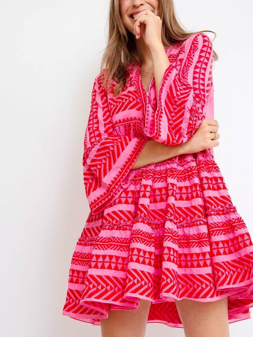 Meselling99 Boho Printed Tribal Bell Sleeve Dresses-Maxi Dresses-S-Pink-Free Shipping at meselling99