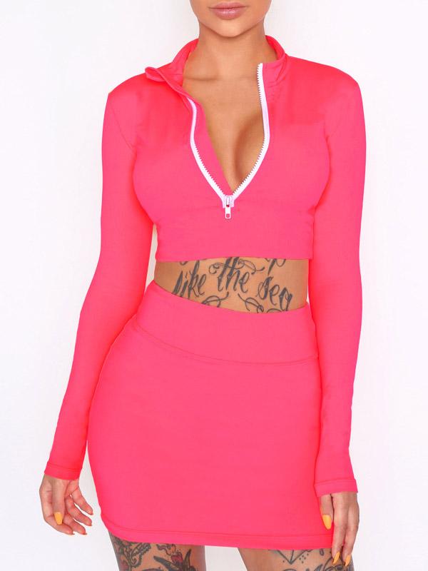 Meselling99 Sexy Long Sleeves Tee And Skirt Suits-Yoga&Gym Suits-PINK-S-Free Shipping at meselling99