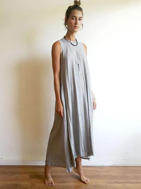 Simple Solid Sleeveless Round-neck Long Dress-Maxi Dress-LIGHT GRAY-L-Free Shipping at meselling99
