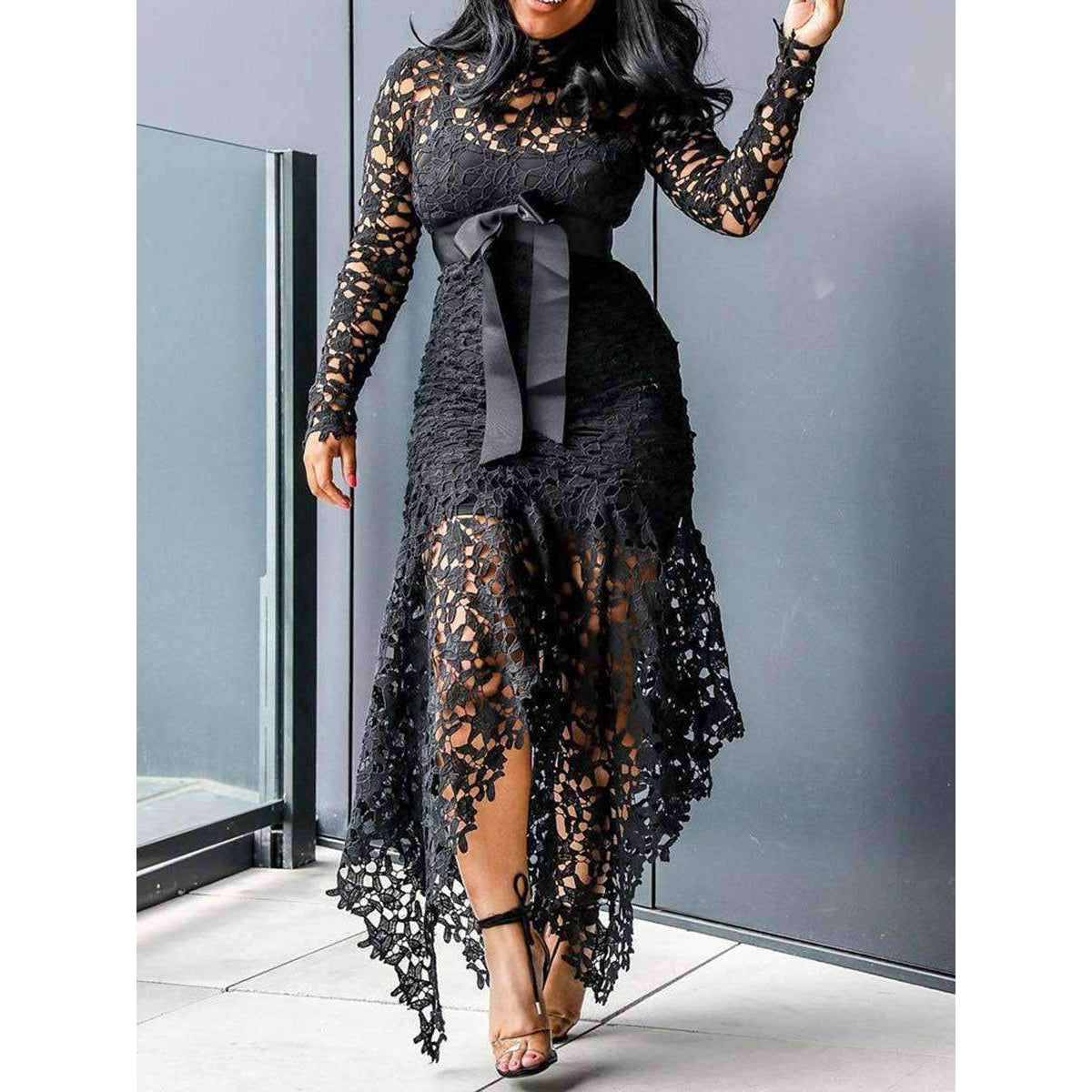 Sexy Hollow Lace Lace-Up Bowknot Asymmetric Long Sleeve Stand Collar Maxi Dresses-Maxi Dresses-Black-M-Free Shipping at meselling99