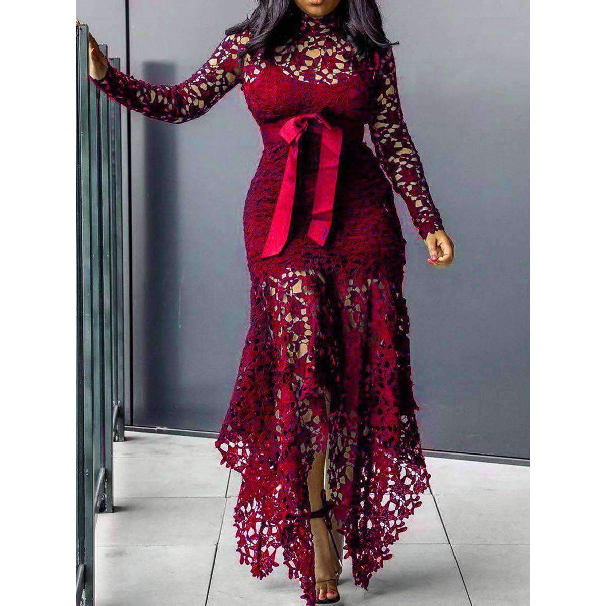 Sexy Hollow Lace Lace-Up Bowknot Asymmetric Long Sleeve Stand Collar Maxi Dresses-Maxi Dresses-Red-M-Free Shipping at meselling99