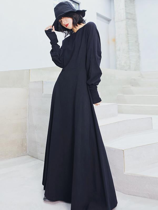Meselling99 Vintage Solid Long Sleeve Dress-Maxi Dress-BLACK-FREE SIZE-Free Shipping at meselling99