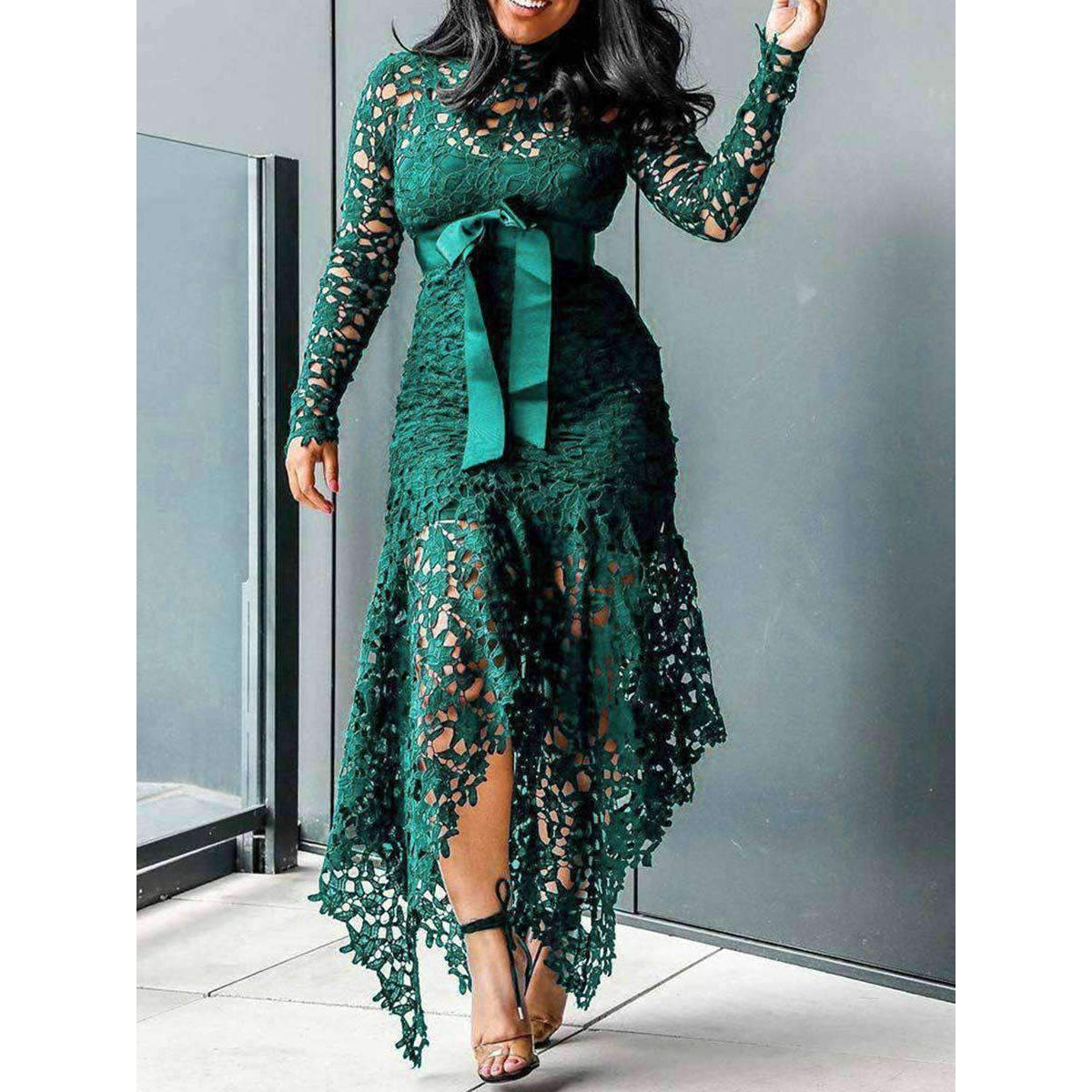 Sexy Hollow Lace Lace-Up Bowknot Asymmetric Long Sleeve Stand Collar Maxi Dresses-Maxi Dresses-Green-M-Free Shipping at meselling99