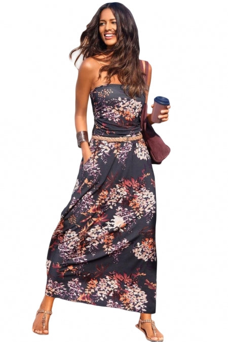 Purple Bohemian Bandeau Floral Print Maxi Dress-Maxi Dresses-Free Shipping at meselling99