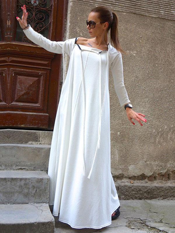 Meselling99 3 Colors Split-Joint Long Sleeves Zipper Maxi Dress-Maxi Dress-WHITE-S-Free Shipping at meselling99