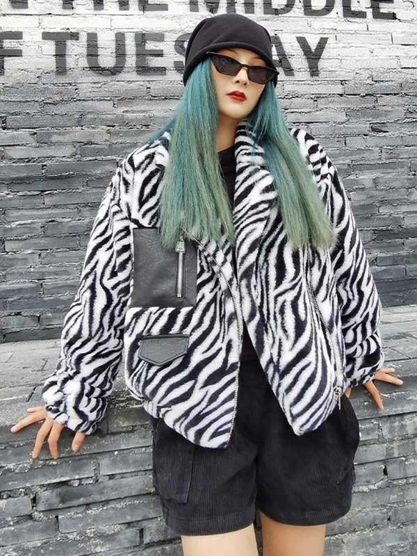 Hip-Hop Loose Zipper Zebra Pattern Split-Joint Lapel Jacket Outerwear-Outwears-SAME AS PICTURE-FREE SIZE-Free Shipping at meselling99