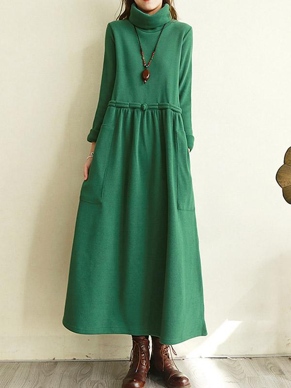 Meselling99 Vintage Solid Color Split-Joint Loose High-Neck Midi Dress-Midi Dress-GREEN-M-Free Shipping at meselling99