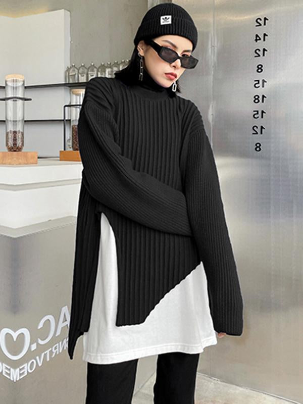 Asymmetric Two-Pieces Split-Side Round-Neck Sweater-Sweaters-Free Shipping at meselling99