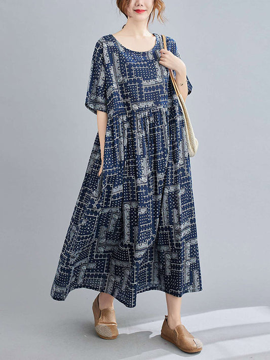 Navy BLUE Artistic Retro Short Sleeve Round-Neck Loose Long Dresses-Maxi Dreses-One Size-Navy Blue-Free Shipping at meselling99
