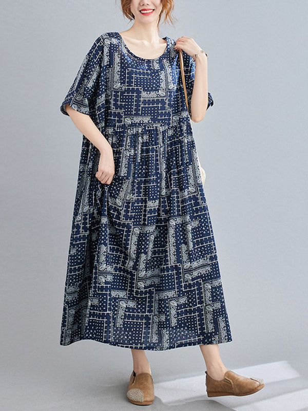 Navy BLUE Artistic Retro Short Sleeve Round-Neck Loose Long Dresses-Maxi Dreses-One Size-Navy Blue-Free Shipping at meselling99