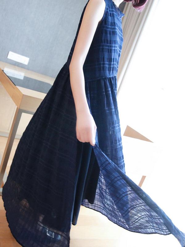 Meselling99 Original Solid Plaid Sleeveless Dress-Maxi Dress-BLUE-FREE SIZE-Free Shipping at meselling99