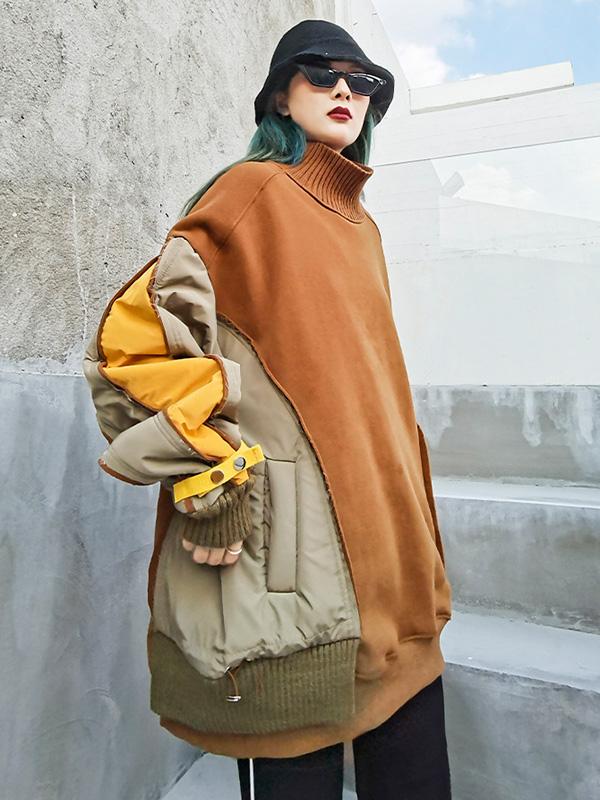 Loose Contrast Color Split-Joint Thicken High-Neck Sweatshirt-Sweatshirts-Free Shipping at meselling99