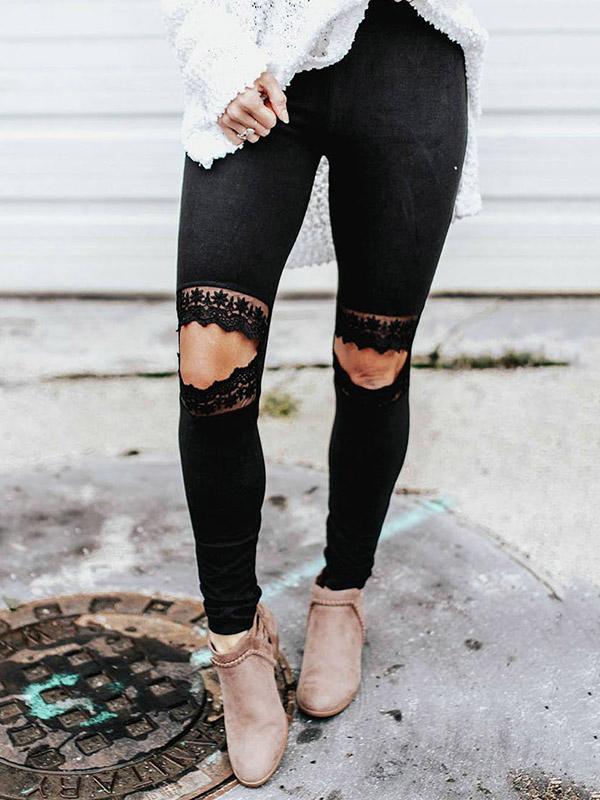 Meselling99 Split-joint Lace Hollow Solid Leggings-Leggings-BLACK-S-Free Shipping at meselling99