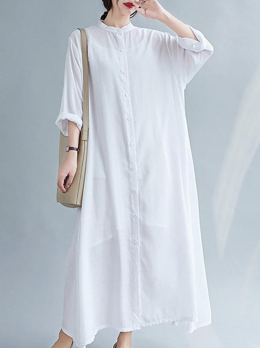 Meselling99 Original Solid Round-Neck Shirts Dress-Maxi Dress-WHITE-FREE SIZE-Free Shipping at meselling99