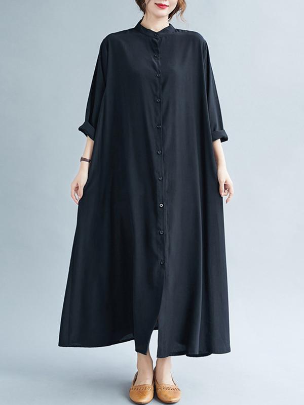 Meselling99 Original Solid Round-Neck Shirts Dress-Maxi Dress-BLACK-FREE SIZE-Free Shipping at meselling99