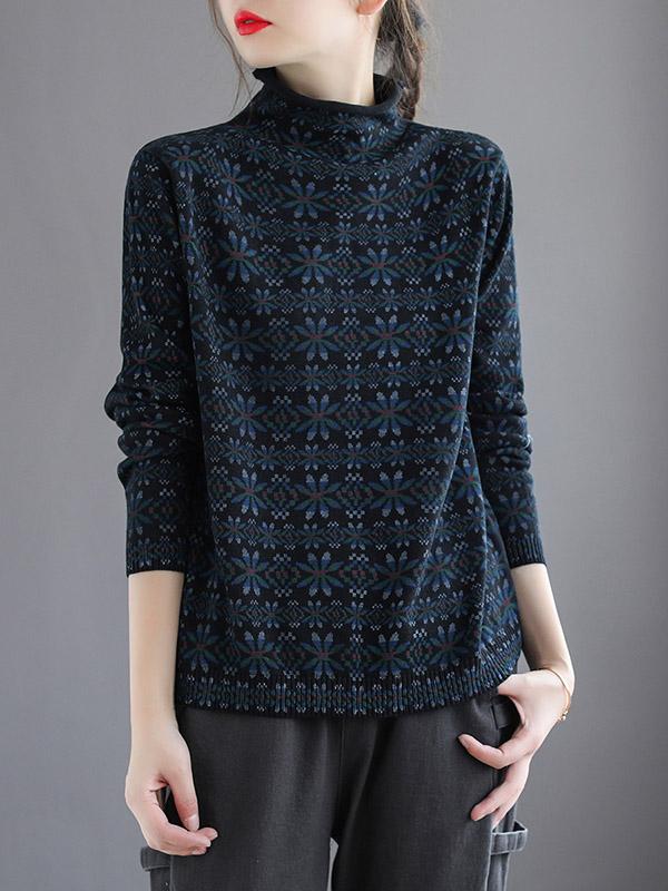 Original Floral High-Neck Knitting Sweater-Sweaters-BLACK-FREE SIZE-Free Shipping at meselling99