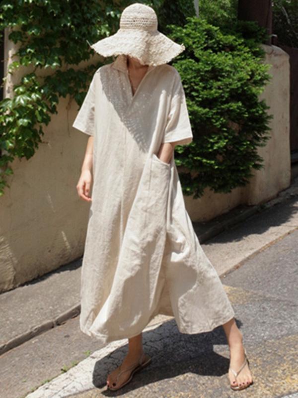 Casual Cozy V-Neck Cotton Split-Side Short Sleeves Long Dress-Maxi Dresses-S-BEIGE-Free Shipping at meselling99