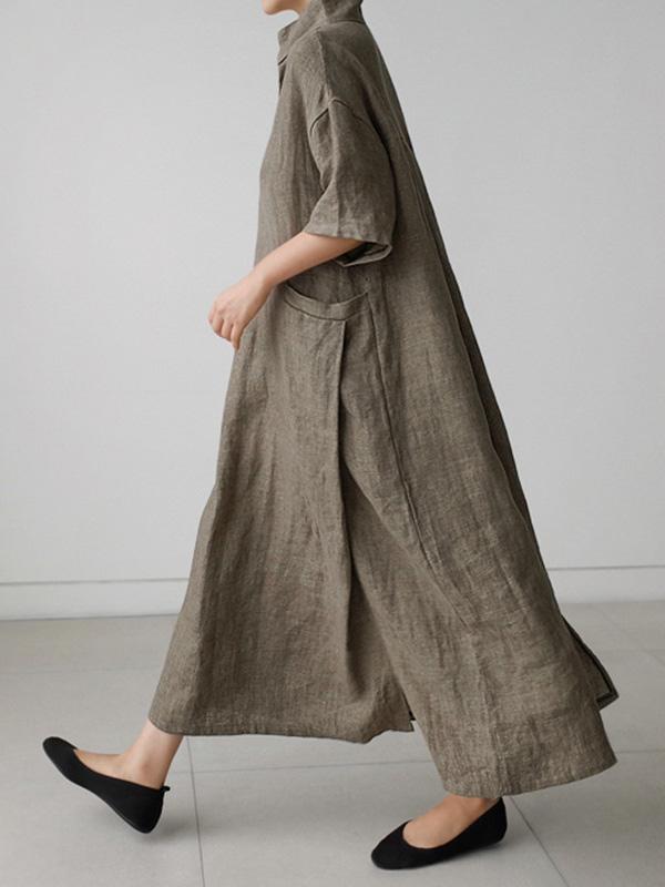Casual Cozy V-Neck Cotton Split-Side Short Sleeves Long Dress-Maxi Dresses-S-GRAY-Free Shipping at meselling99