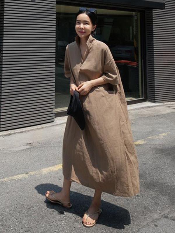 Casual Cozy V-Neck Cotton Split-Side Short Sleeves Long Dress-Maxi Dresses-S-BROWN-Free Shipping at meselling99