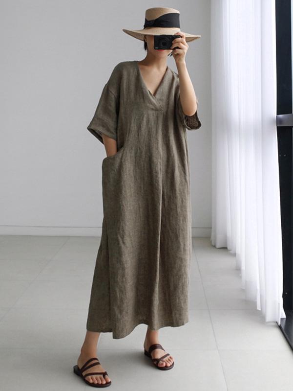 Casual Cozy V-Neck Cotton Split-Side Short Sleeves Long Dress-Maxi Dresses-Free Shipping at meselling99