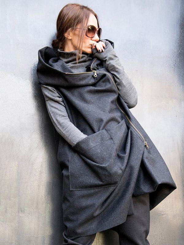 Meselling99 Stylish Asymmetric Split-Joint Hooded Vest Outerwear-Outwears-DEEP GRAY-S-Free Shipping at meselling99