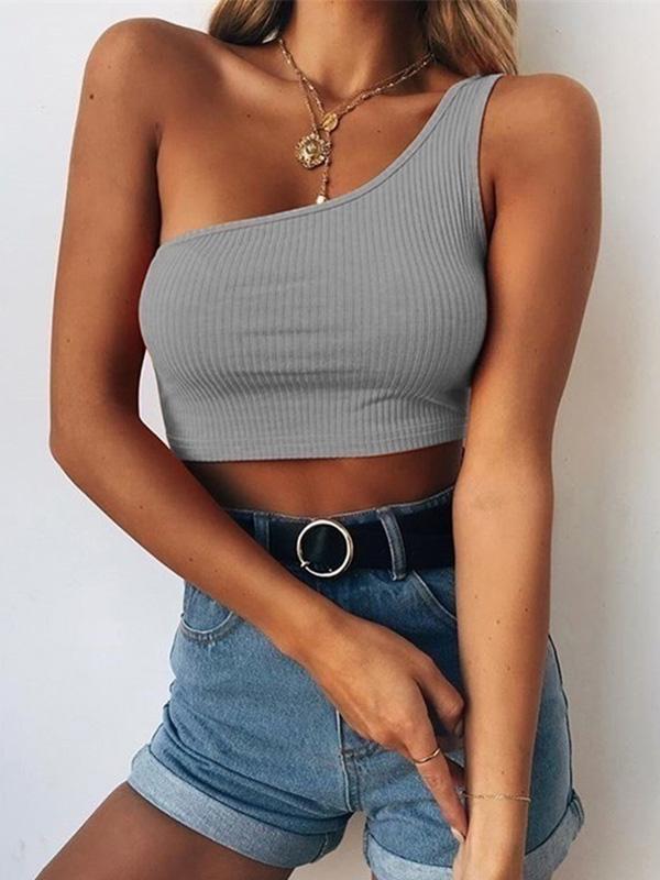 Meselling99 Oblique Shoulder Hollowing Out Mdriff Baring Sleeveless Tanks-Tees & Tanks-GREY-S-Free Shipping at meselling99