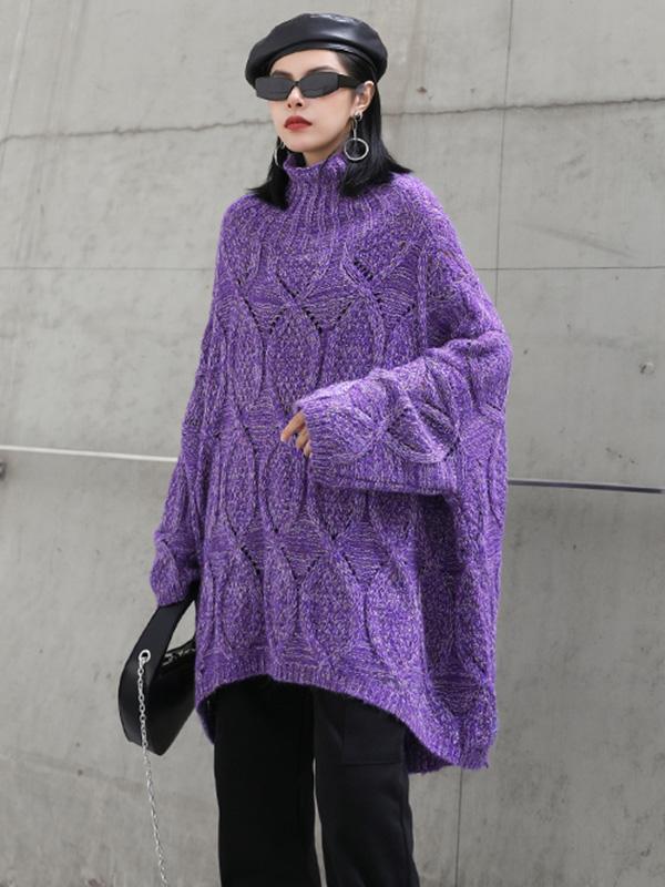 Vintage Hollow Loose High-Low Turtleneck Sweater-Sweaters-Free Shipping at meselling99