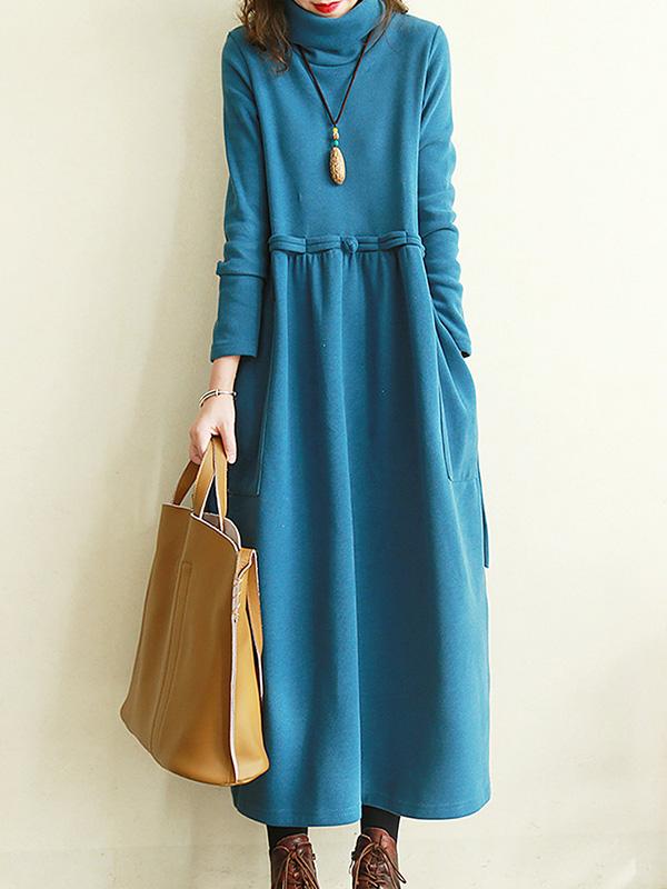 Meselling99 Vintage Solid Color Split-Joint Loose High-Neck Midi Dress-Midi Dress-BLUE-M-Free Shipping at meselling99