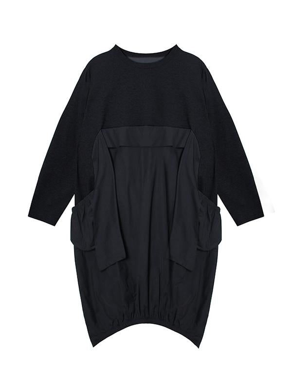 Original Loose Split-Joint Round-Neck Long Dress-Midi Dress-BLACK-FREE SIZE-Free Shipping at meselling99