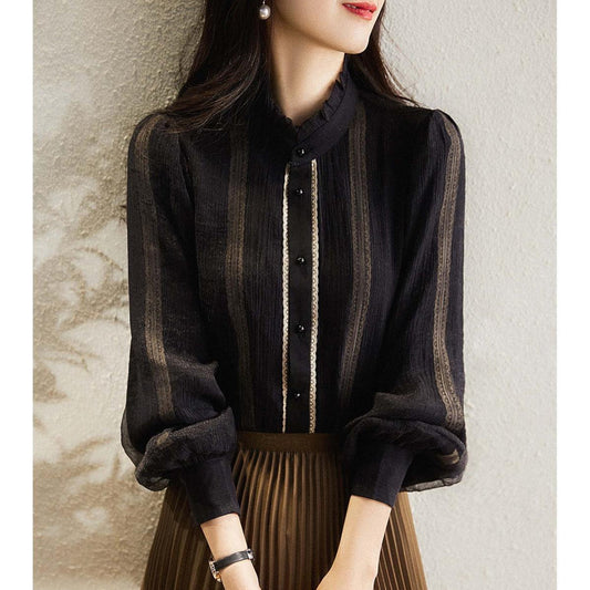 Elegant Lace Long Sleeves Shirts-Shirts & Tops-Black-XXL-Free Shipping at meselling99