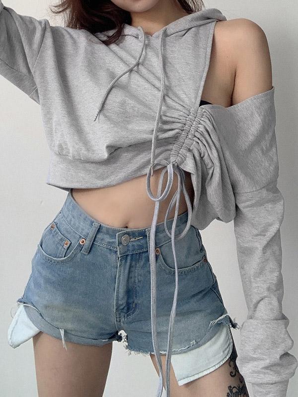 Meselling99 Solid Color Shoulder Cut Out Drawstring Exposed Navel Hoodies&Sweatshirt-Hoodies & Jackets-GRAY-S-Free Shipping at meselling99