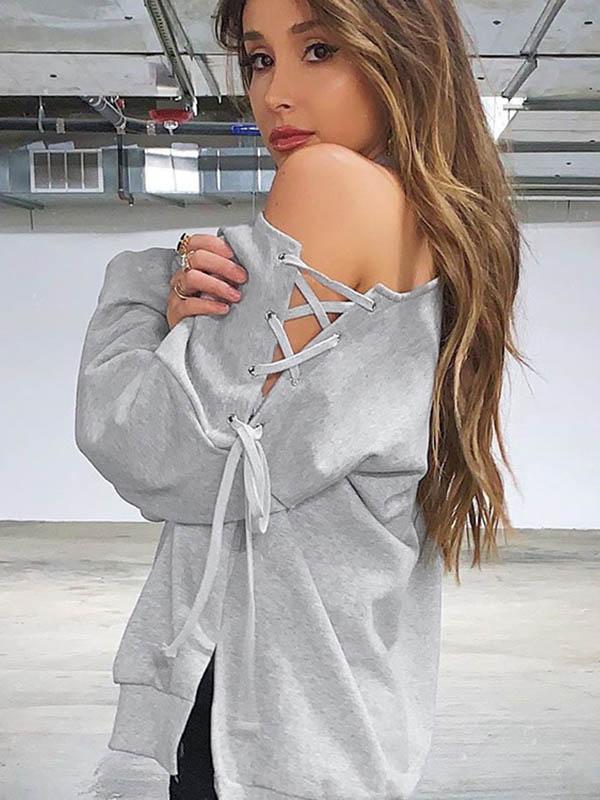 Mesellign99 Fashion Personality Off Shoulder Lace Up Asymmetric Split Loose Hoodie-Hoodies & Jackets-GREY-M-Free Shipping at meselling99