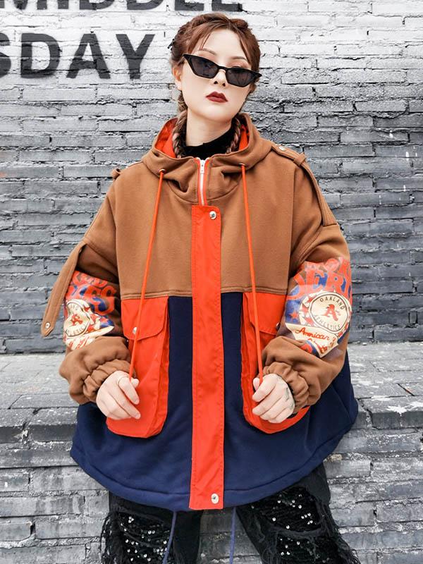 Contrast Color Split-Joint Printed Drawstring Jacket Outerwear-Outwears-Free Shipping at meselling99