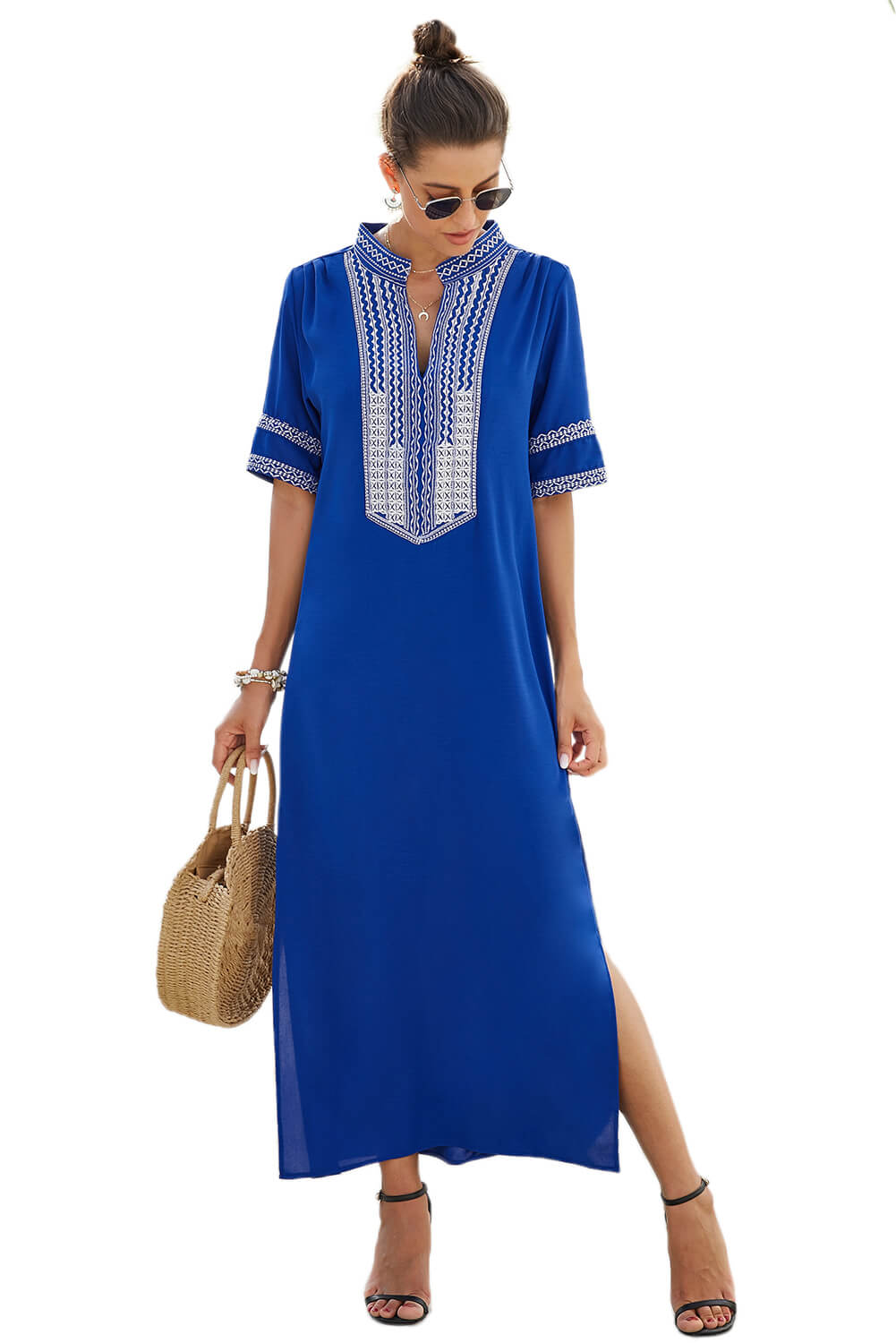 Blue Bohemian Floral Print Split Maxi Dress-Maxi Dresses-Free Shipping at meselling99