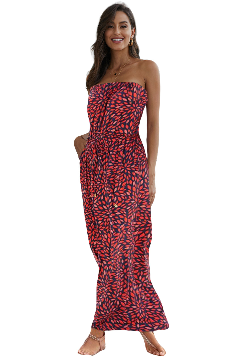 Red Bohemian Bandeau Floral Print Maxi Dress-Maxi Dresses-Free Shipping at meselling99